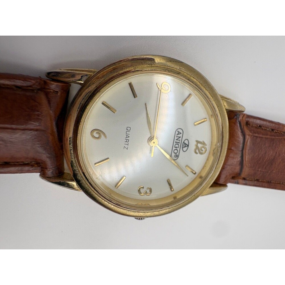 Vintage Anigo Quartz Watch White Dial Gold Bezel Brown Leather Strap 00-1089